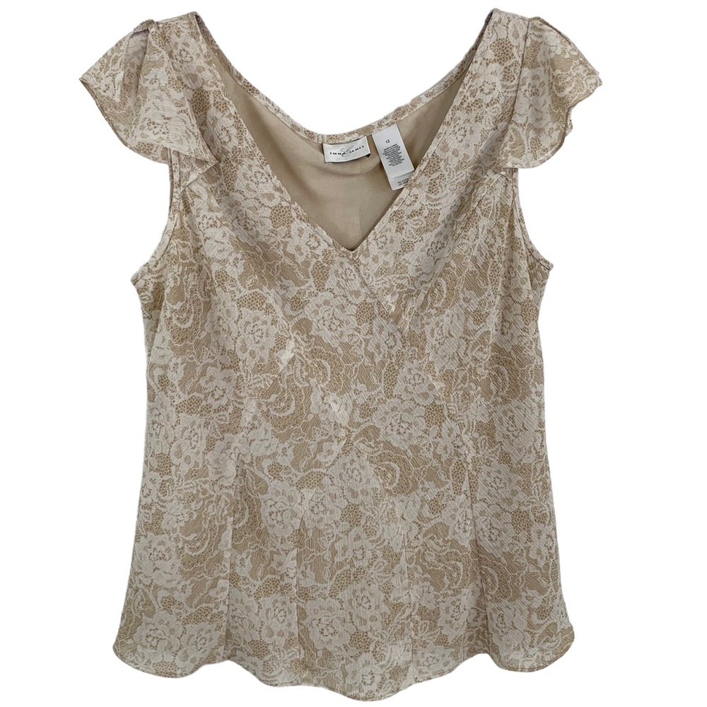 Emma James Floral Lace Print Beige Chiffon Flutter Sleeve Blouse 12